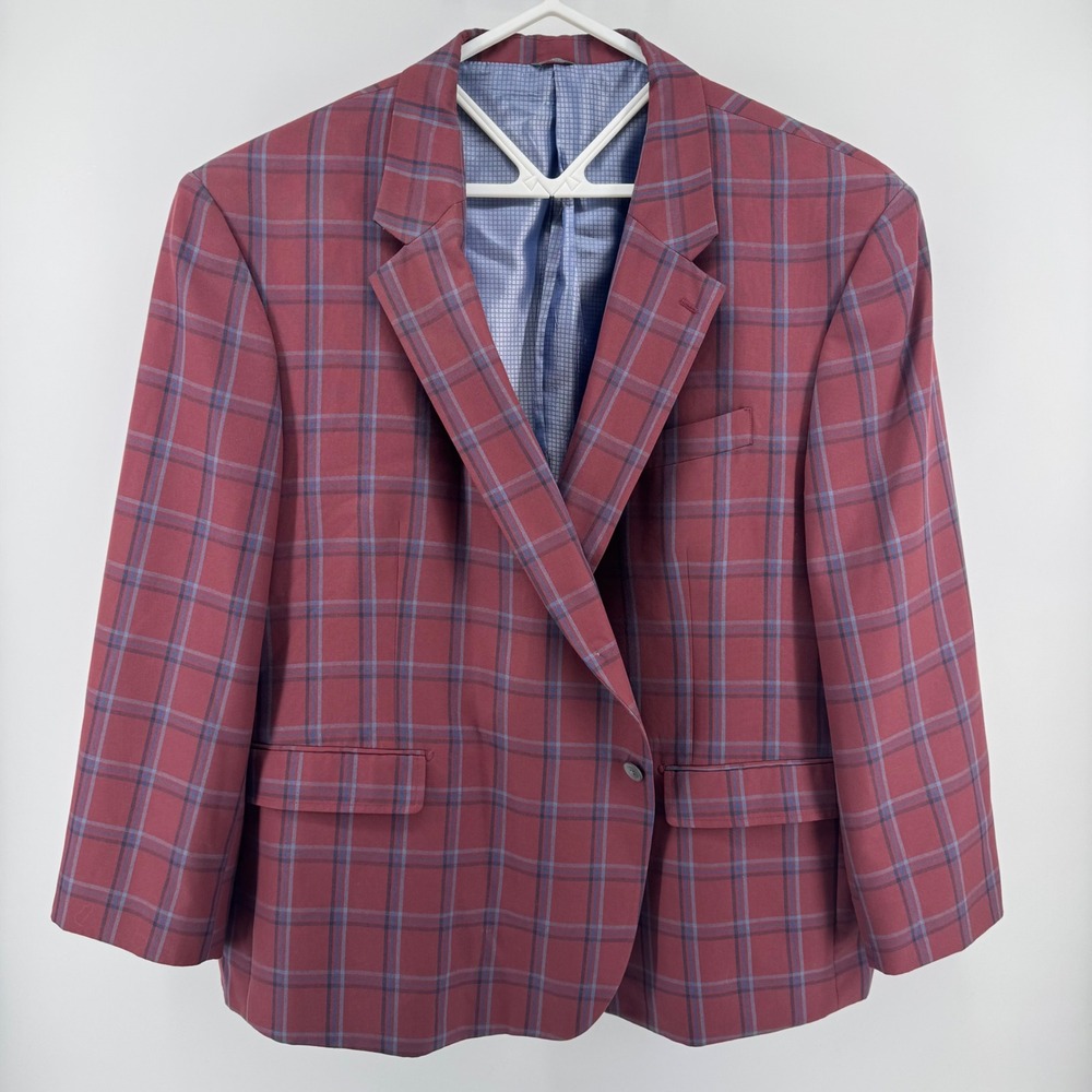 Oak Hill Sport Coat Mens 5XL 62R 64R Burgundy Blue Plaid Viscose Blend Blazer